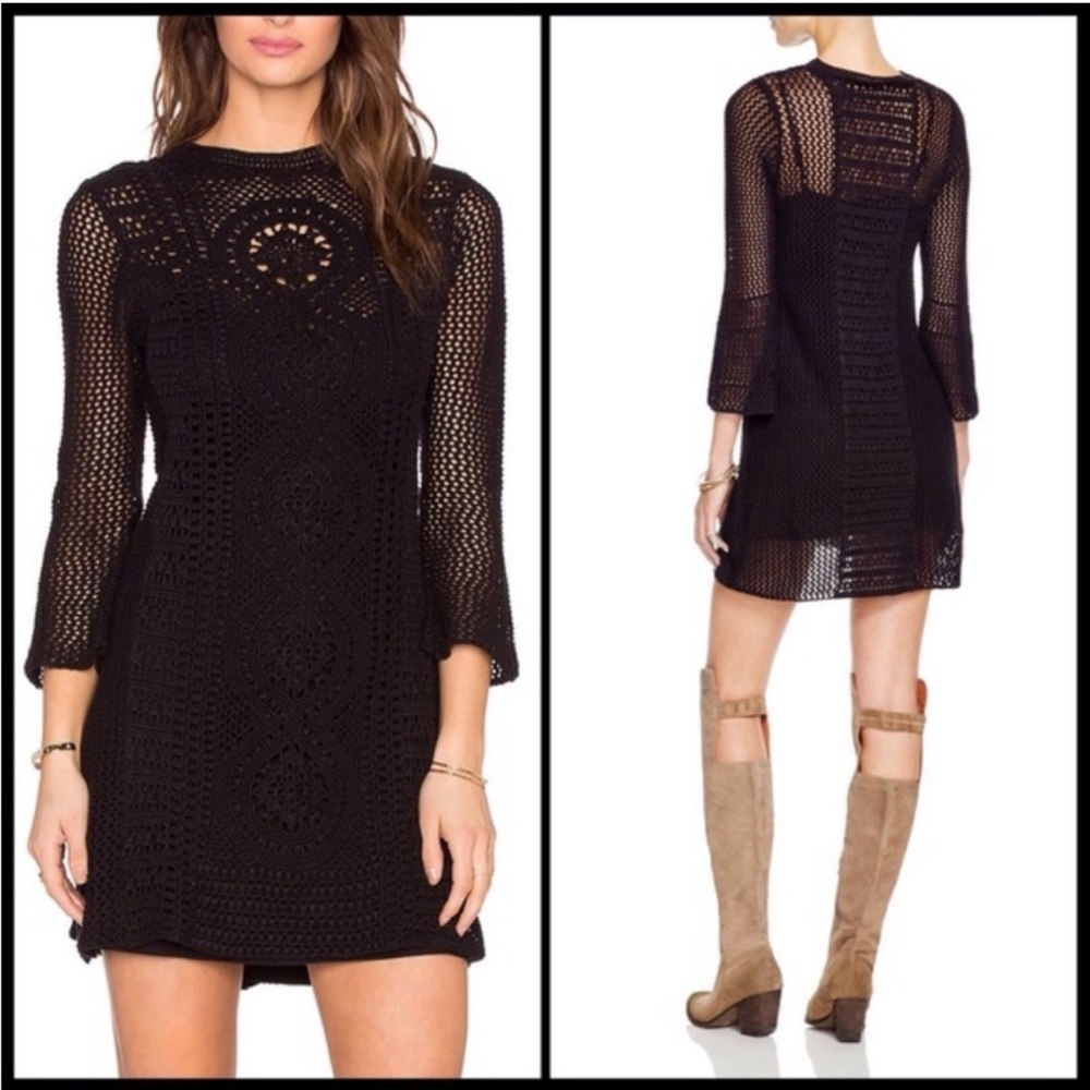 Free People Black Bell Sleeve Crochet Roselind Dress Sz M